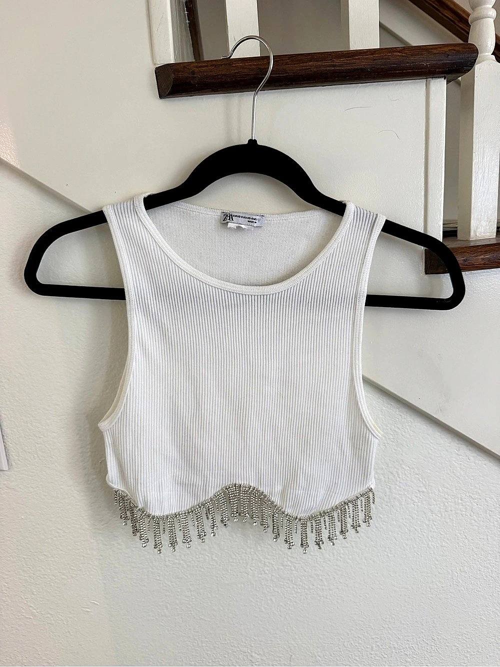 Zara Rhinestone Fringe Ribbed Crop Top White Small